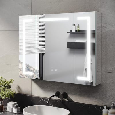 Badkamer Spiegelkast met LED Verlichting en Stopcontact – 80x60cm – Anti-Condens Spiegelkast met Dimbaar Licht