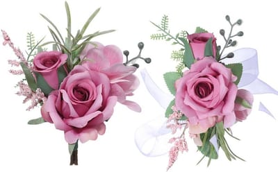 Pols Corsage en Boutonnière Set Donkerroze Bruiloft Kunstbloemen
