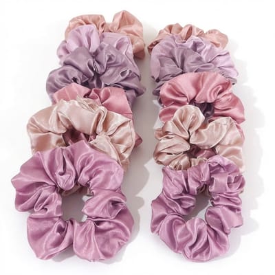 Set satijn scrunchies in roze en paars – 12 stuks elastische haar accessoires van glanzend satijn – mix van roze, peach en lila scrunchie set voor dames