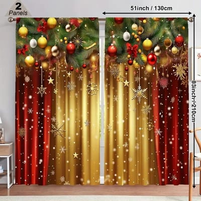 2 stuks Feestelijke Kerst Gordijnset-Sneeuwpop Dennenboom Design Polyester Tunnelzak, Machinewasbaar voor Woonkamer Slaapkamer Studiekamer W65X60H(cm)X2Pcs&Grommet Top
