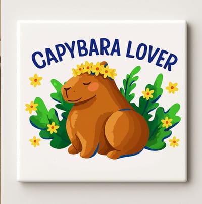 Schattige Dierentegel “Capybara Lover” 15x15 cm – Liefdevolle Keramische Wanddecoratie Cadeau voor Natuur- en Capybaraliefhebbers