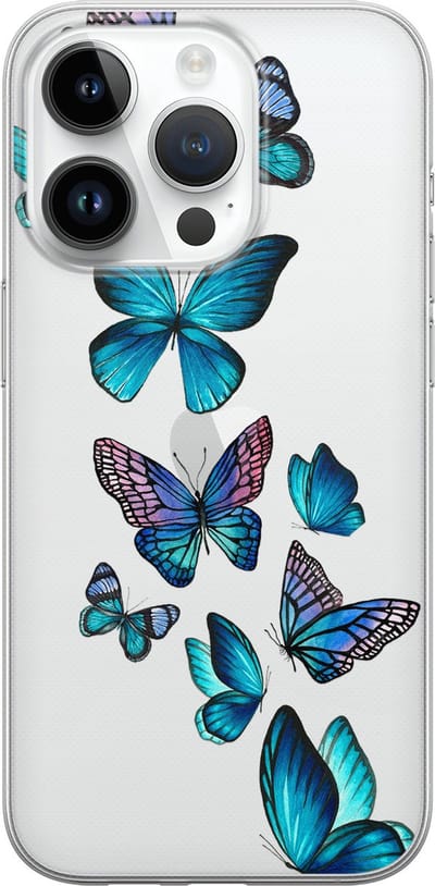 Leuke Telefoonhoesjes - Hoesje geschikt voor iPhone 14 Pro - Vlinders blauw - Soft case - TPU - Print / Illustratie - Transparant, Blauw