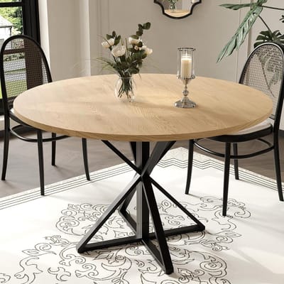 Ronde eettafel van 47 inch – Houten keukentafel voor 4 personen, ronde eettafels in boerderijstijl met metalen voet – voor keuken, woonkamer – 120×120×76 cm – Houtkleur