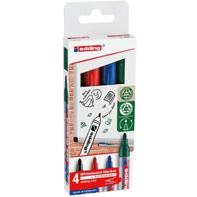 edding 250 whiteboard marker set met 4 kleuren - zwart, rood, blauw, groen - ronde punt 1,5-3 mm - ook geschikt voor flipover papier - aluminium barrel - navulbaar - cap-off technologie