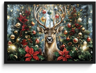 Poster in lijst - Fotolijst 60x40 cm - Posters - Kerstfeest - Dennenbos - Rood - Posterlijst zwart - Decoratie - Wanddecoratie woonkamer - Muurdecoratie slaapkamer - Kerstversiering - Kerstdecoratie voor binnen - Kerstmis