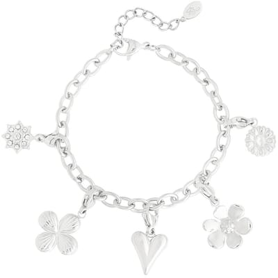 Joy Ibiza - hartje bloem bedel armband - hartje en klavertje vier en bloemetjes bedels - bohemian style - stainless steel