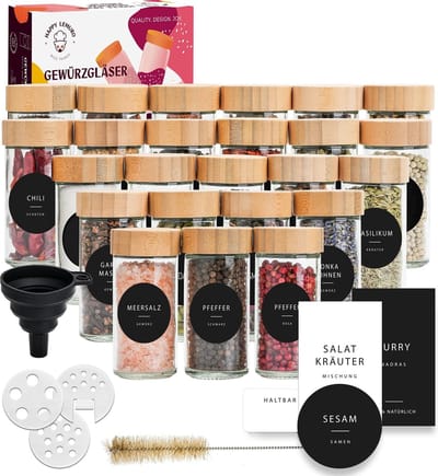 Dailygoods- Kruidenpotjes Set van 24 - Ronde Kruidenpotjes 100 ml - Luchtdichte Opslag - Etiketten in het Duits - Accessoires - Hoogwaardige Kwaliteit - Specerijpotjes