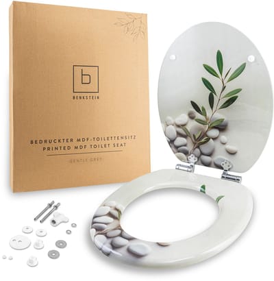 Benkstein wc-bril zacht grijs – antibacterieel duroplast toiletbril met softclose & snelsluiting – afneembaar en bedrukt design