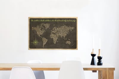 Aluminium schilderij 60x40 cm - Wanddecoratie metaal - Wereldkaart - Quote - Boeken - Metalen muurdecoratie woonkamer - Decoratie industrieel - Foto op dibond - Industriële accessoires slaapkamer