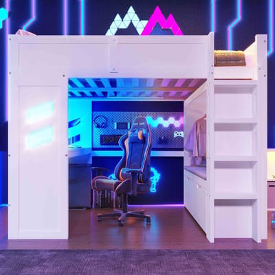 Hoogslaper - 140x200 cm - Met Bureau En LED En USB En Type-C En Lade - Metaal - Wit