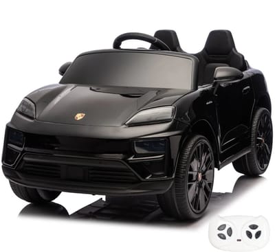 Porsche Macan Turbo Full Option Elektrische Kinderauto 1 tot 6 jaar – Officieel Gelicentieerd Accuvoertuig met EVA wielen, Schokdempers & Echte lak – 12V Kinderauto met Afstandsbediening, Werkende Deuren & Soft-Start – Zwart