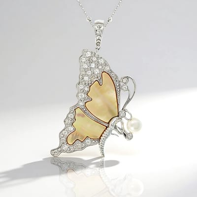 Cavill - Zilveren Halsketting 925 Sterling - Parelmoer Fancy Slijpsel & Witte Zoetwaterparel - Vlinder Design - Cambodjaanse Zirkonen 1,676 ct