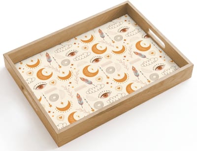 Dienblad hout 40x30 cm - Schootdienblad - Boho - Print - Ogen - Maan - Veren - Beige - Borrelplank rechthoek - Plateau dienbladen