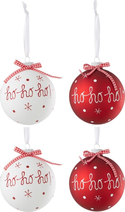 J-Line kerstbal Hoho - glas - rood/wit - large - doos van 4