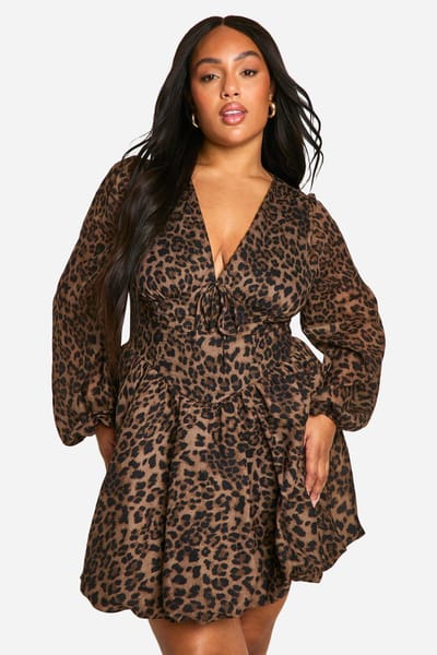 boohoo Dames Plus Milkmaid Gewoven Luipaard Bubble Hem Skater Jurk | Luipaardprint | Maat: 46