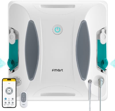 Fmart W6 Raamreinigingsrobot, 3800Pa sterke zuigkracht, automatische dubbele watersproei met 50ml dubbele watertank, slimme randdetectie, natte reiniging voor alle glazen oppervlakken