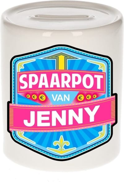 Bellatio Decorations Kinder spaarpot met naam - Jenny - keramiek - met dop - wit - Sparen - Spaargeld van Jenny