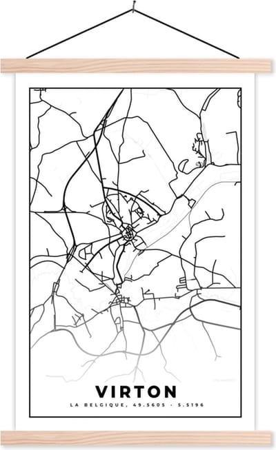 Posterhanger incl. Poster 40x60 cm - Schoolplaat - België – Virton – Stadskaart – Kaart – Zwart Wit – Plattegrond - Textielposter - Blanke latten - Stadskaart