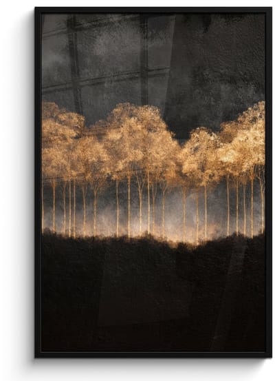 Poster in lijst - Fotolijst 80x120 cm - Posters - Gouden Bomen in Mistig Landschap - Posterlijst zwart - Decoratie - Wanddecoratie woonkamer - Muurdecoratie slaapkamer