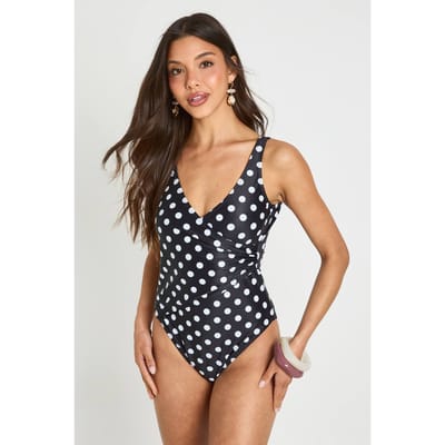 boohoo Dames Polkadot Badpak Met Buikcontrole En Wrapdetail | Zwart | Maat: 34