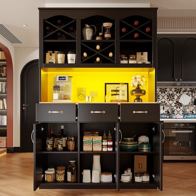 Keukenkast 120x40x180 cm - hoge keukenkast - snackkast - met drie deuren - drie laden en LED-verlichting - zwart