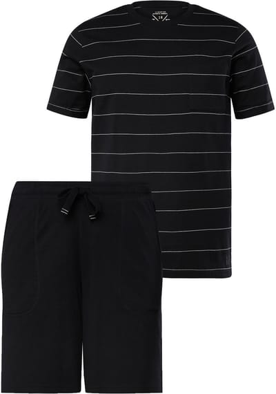 JP 1880 - Heren - Pyjama korte tweedelige set T-shirt met strepen shorts - Zwart - Maat 3XL