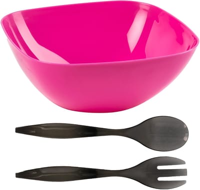 Plasticforte Salade/sla serveerschaal - roze - kunststof - D28 x H11 cm - met sla bestek - grijs - 29 cm