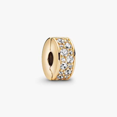 Fler® | Bedel | Past op populaire bedelarmbanden (standaard - 3mm) | Goudkleurige Pavé Clipbedel | Hangbedel Charm | 925 sterling zilver | Transparante zirkonia | Valentijnsdag Cadeau | Sinterklaas kado | Kerstcadeau | Verjaardagsgeschenk | Vriend