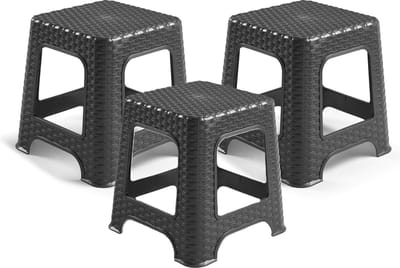 Plasticforte zit krukje - 3x - Rotan line - zwart - kunststof - 32 x 32 x 33 cm - kinder krukjes