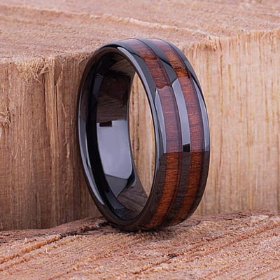 Mode 8MM Zwarte Kleur Roestvrijstalen Ringen Voor Mannen Vrouwen Bolle Koa Hout Inleg Belofte Ringen Trouwverlovingssieraden Cadeau 12 black