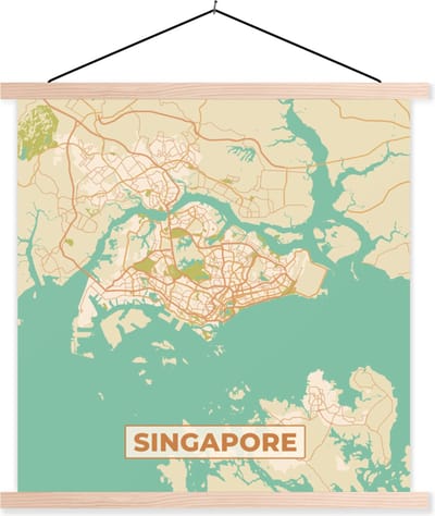 Posterhanger incl. Poster 40x40 cm - Schoolplaat - Singapore - Plattegrond - Stadskaart - Vintage - Kaart - Textielposter - Blanke latten - Stadskaart