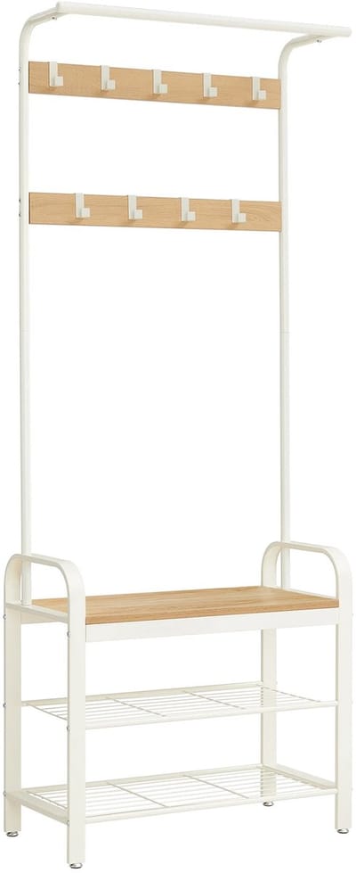NordHaus Staande Kapstok - Hal Organizer met Schoenenrek Bank - 183 cm Hoog - Stevig Metalen Frame - Belastbaar tot 80 kg
