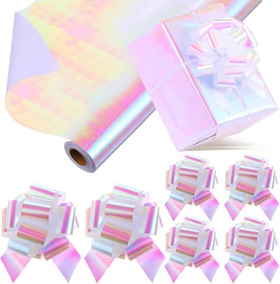 16x Holografisch & Glitter Inpakpapier Rol met Trekstrikken - Wit Iridescerend Cadeaupapier voor Verjaardag, Kerst & Feest