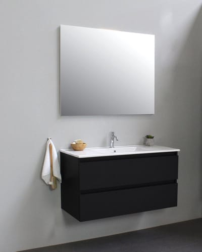 Basic Bella Badkamermeubelset - 100x55x46cm - 1 wasbak - Keramiek - Wit - 1 kraangat - Wandspiegel zonder verlichting - Melamine Zwart mat
