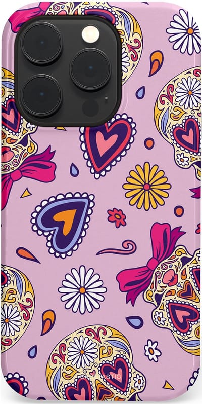 Casetastic hoesje geschikt voor Apple iPhone 14 Pro - MagSafe - Dubbellaagse bescherming - Dia de los Muertos Doodshoofd Strik - Fashion Case - Lichtroze Lila Taupe Zilver