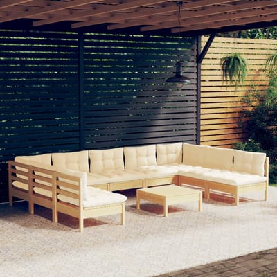 vidaXL - 10-delige - Loungeset - met - crèmekleurige - kussens - grenenhout