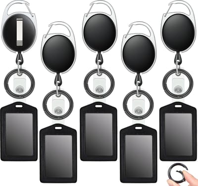 5x Uittrekbare Sleutelhangers, 5x Leren Badgehouder & Ronde Karabijnhaken - Broekclip Pashouder/Kaarthouder - Trekkoord Skipashouder - Intrekbaar Skipas Sleutel Koord - Kecord ID Badge Houder Sleutelkoord - Clip Afrolmechanisme Rollerclip Keykoord