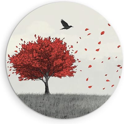 Saammp Muurcirkel Hout - Vogel bij rode boom - Dieren - Bloemen - Ø 90 - Wandcirkel - Wanddecoratie Cirkel - muurdecoratie Woonkamer - Slaapkamer decoratie - Rond Schilderij