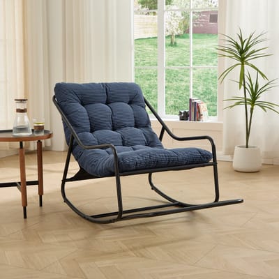 Buiten schommelstoel, comfortabel kussen, met zacht dik kussen, voor woonkamer, slaapkamer, leeskamer, Zwart frame met marineblauw kussen（Corduroy fabric）