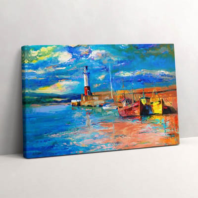 Wallfluent Foto Op Canvas Vuurtoren en boten - 30 x 20 cm - Blauw Canvas Schilderij - Landschappen Foto Canvas - Imitatie van een olieverfschilderij Schilderij Op Doek - Landschappen Schilderij Op Canvas