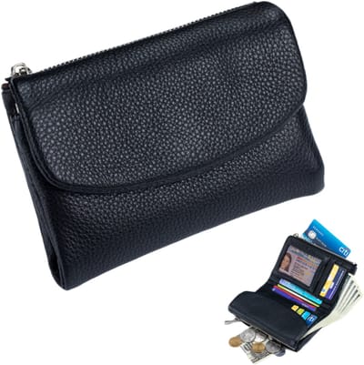 Damesportemonnee van zacht leer - RFID-beveiliging tegen diefstal - Ultradun en draagbaar - 13,5*10*3 cm - Zwart - 1 stuk