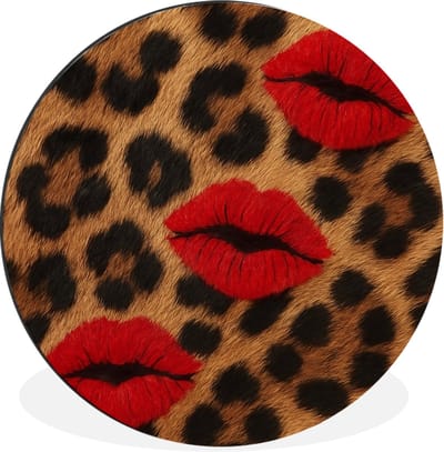 WallCircle - Wandcirkel - Muurcirkel - Lippen - Drie - Rood - Panterprint - Aluminium - Dibond - 30x30 cm - Binnen en Buiten