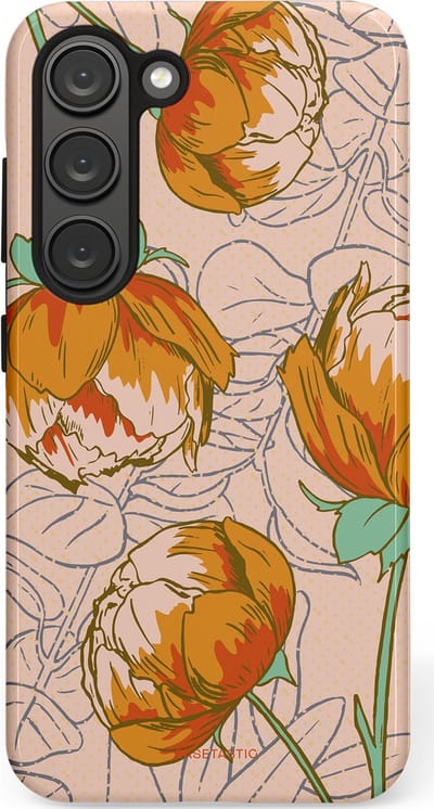 Casetastic hoesje geschikt voor Samsung Galaxy S23 - Dubbellaagse bescherming - Lente pioenroos - Fashion Case - Zand Zilver Okergeel Terracotta