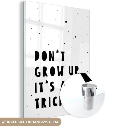 MuchoWow® Glasschilderij 120x160 cm - Schilderij acrylglas - Quotes - Don't grow up it's a trick - Baby - Sterren - Kinderen - Foto op glas - Schilderijen