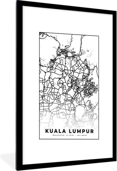Fotolijst incl. Poster Zwart Wit- Kuala Lumpur - Kaart - Stadskaart - Plattegrond - Zwart Wit - 60x90 cm - Posterlijst