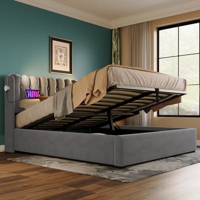 STILVORA Gestoffeerd Bed 90x200cm - Bed met Leeslicht en 2x USB - Eenpersoonsbed met Opbergfunctie - Fluweel - Grijs