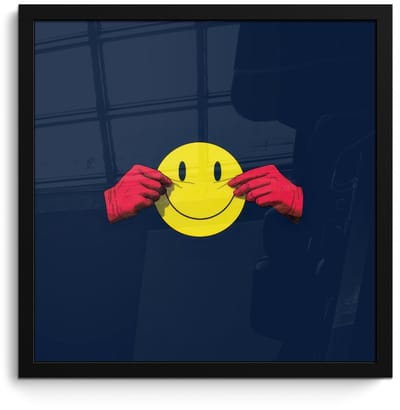 Poster in lijst - Fotolijst 40x40 cm - Posters - Smiley - Geel - Handen - Minimalistisch - Posterlijst zwart - Decoratie - Wanddecoratie woonkamer - Muurdecoratie slaapkamer - Kerstversiering - Kerstdecoratie voor binnen - Kerstmis