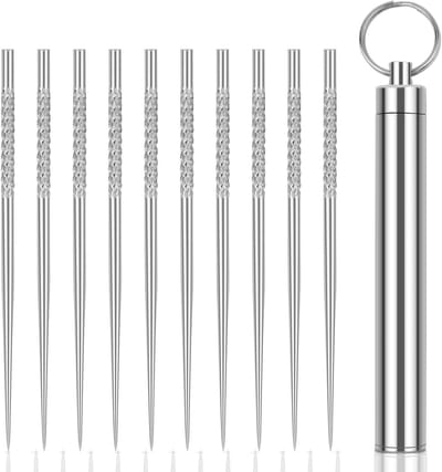 Draagbare roestvrijstalen tandenstokers met box - herbruikbare metalen tandenstokers voor camping, picknick en reizen, 10 stuks