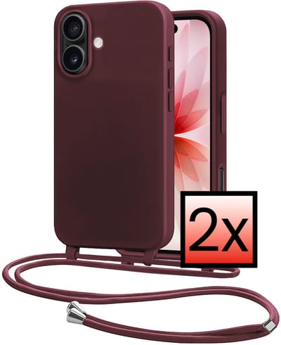 Hoes Geschikt voor iPhone 17 Met Telefoonkoord - Siliconen Hoesje Backcover Met Ketting - Aubergine - 2 PACK