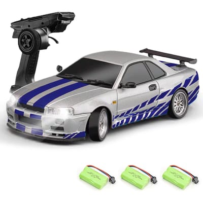 Afstandsbediening Auto, 2.4GHz Elektrisch Driftvoertuig Speelgoed met Gyroscoop, LED-verlichting, 3 Oplaadbare 3 battery zilver